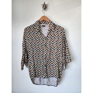 Summum Woman tan cream neutral chevron batwing button up blouse 36 S